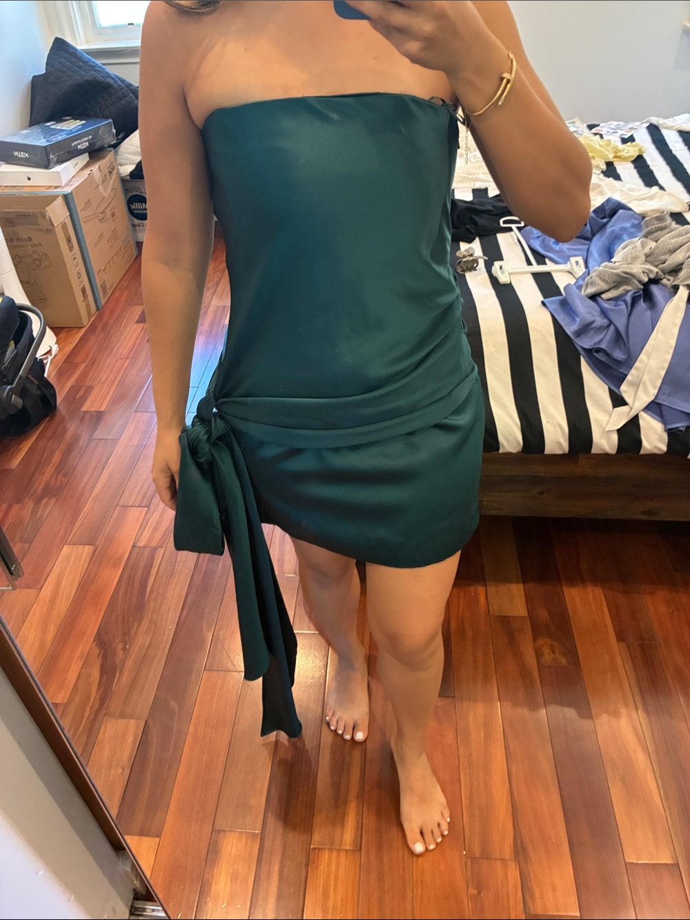 Zara Strapless Satin Mini Dress in Teal with Side Tie
